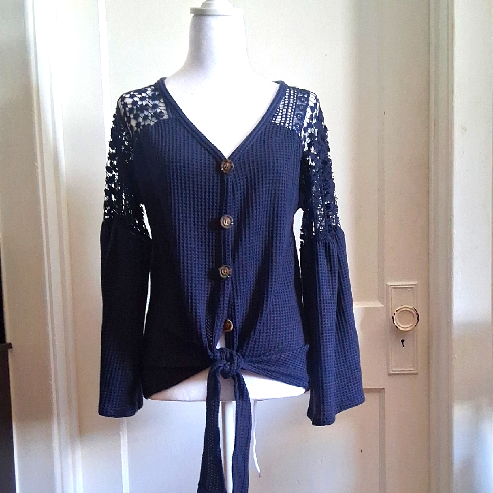 Navy Button-Up Tie Front Top With Lace Sleeves